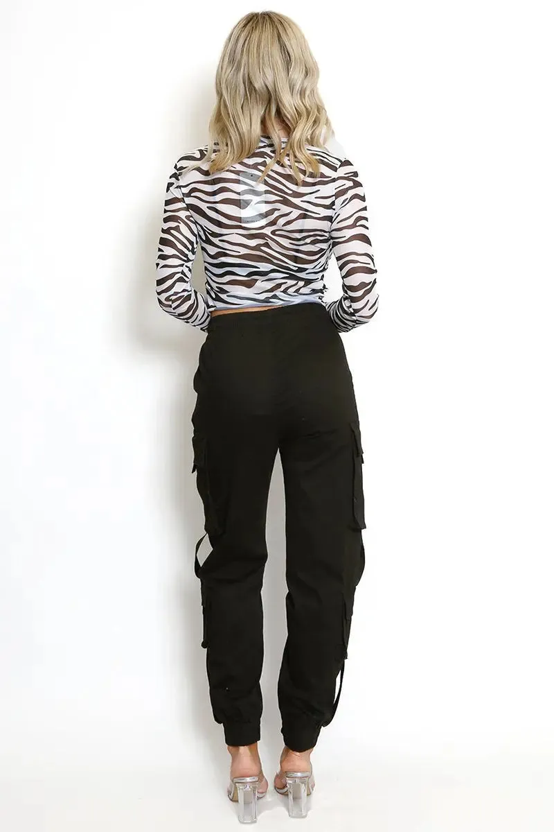 Black Versatile High Waist Multi- Pocket Elastic Cargo Pants