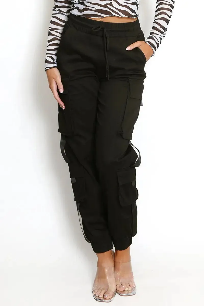 Black Versatile High Waist Multi- Pocket Elastic Cargo Pants