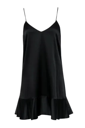 Caroline Constas - Black Satin Shift Dress w/ Flounce Hem Sz S