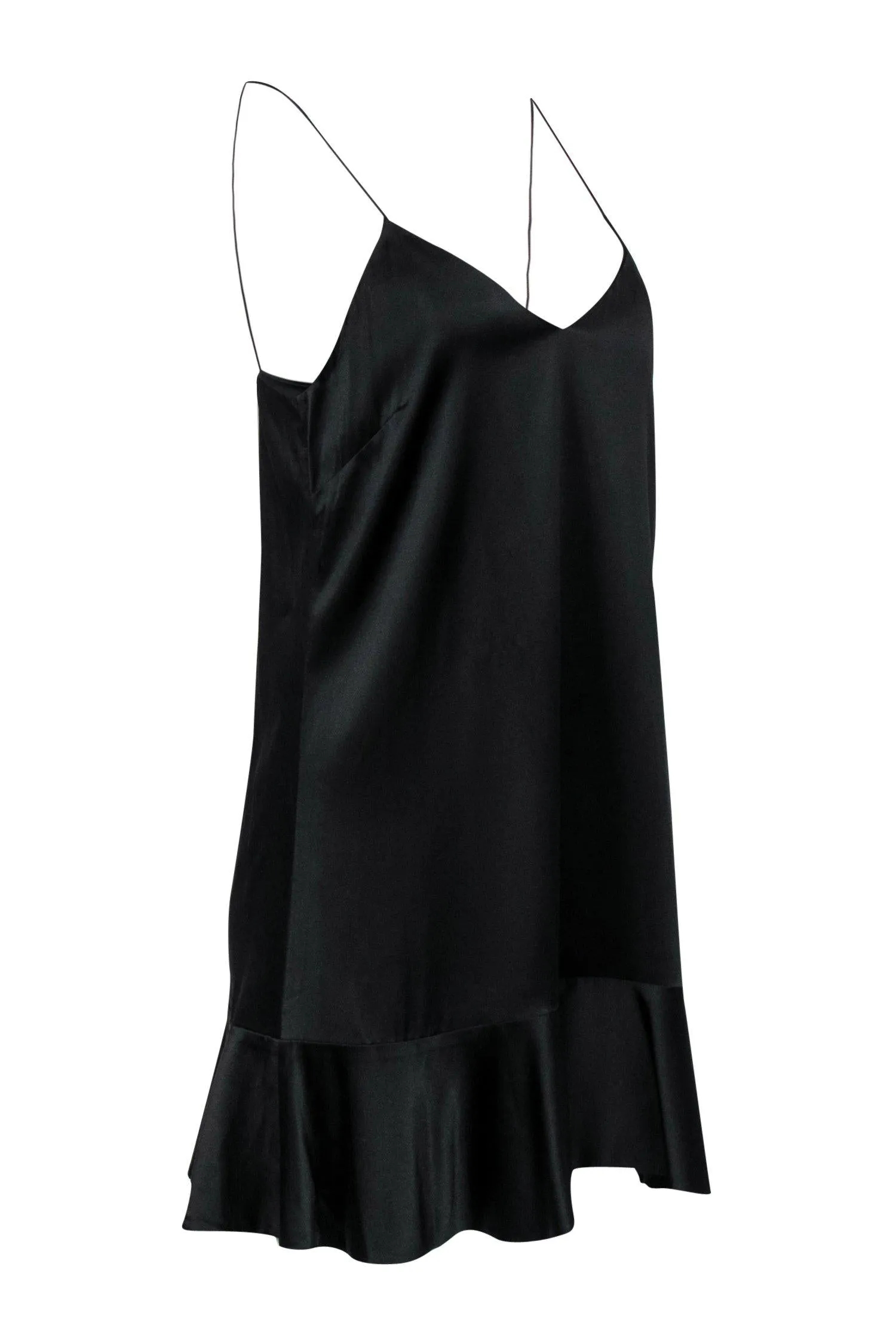 Caroline Constas - Black Satin Shift Dress w/ Flounce Hem Sz S