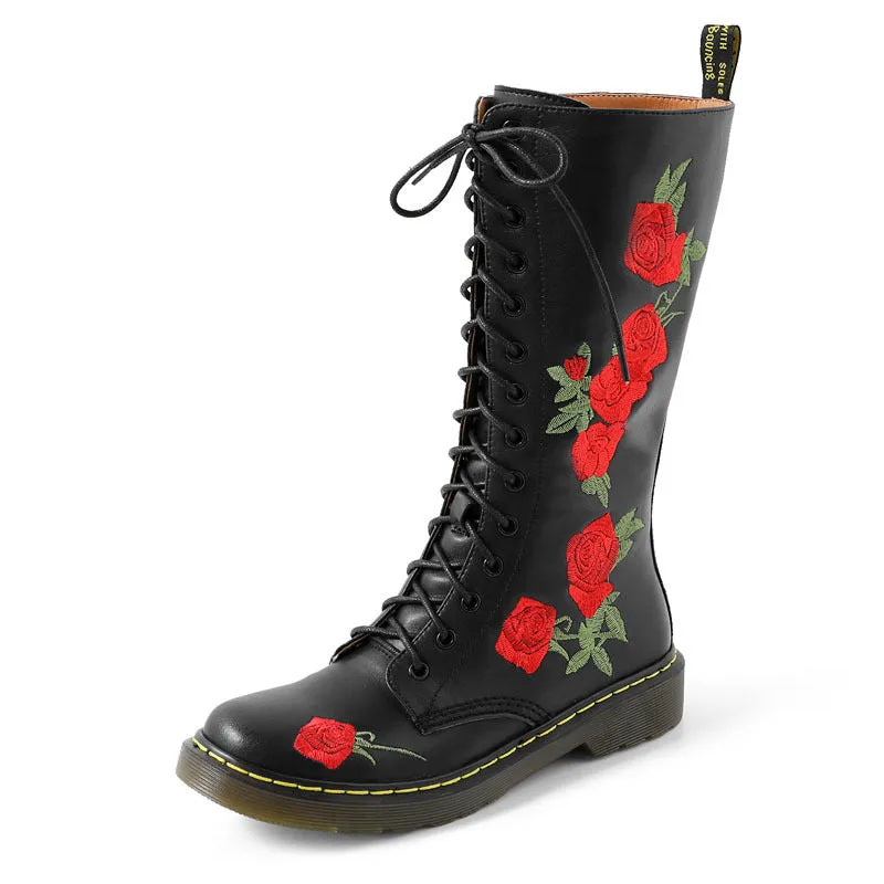 elveswallet Lace-up embroidered mid-calf boots