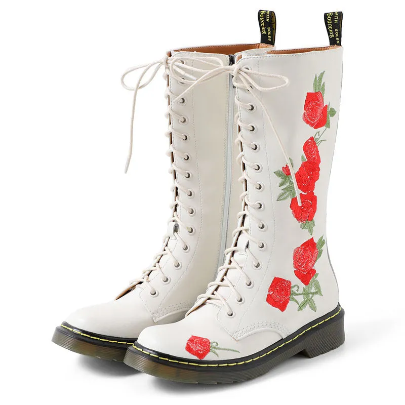 elveswallet Lace-up embroidered mid-calf boots