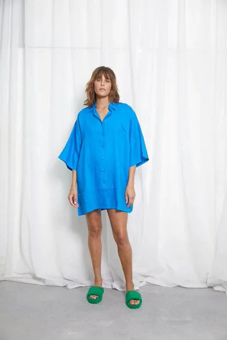 Linen Oversized Shirt Dress- Azure