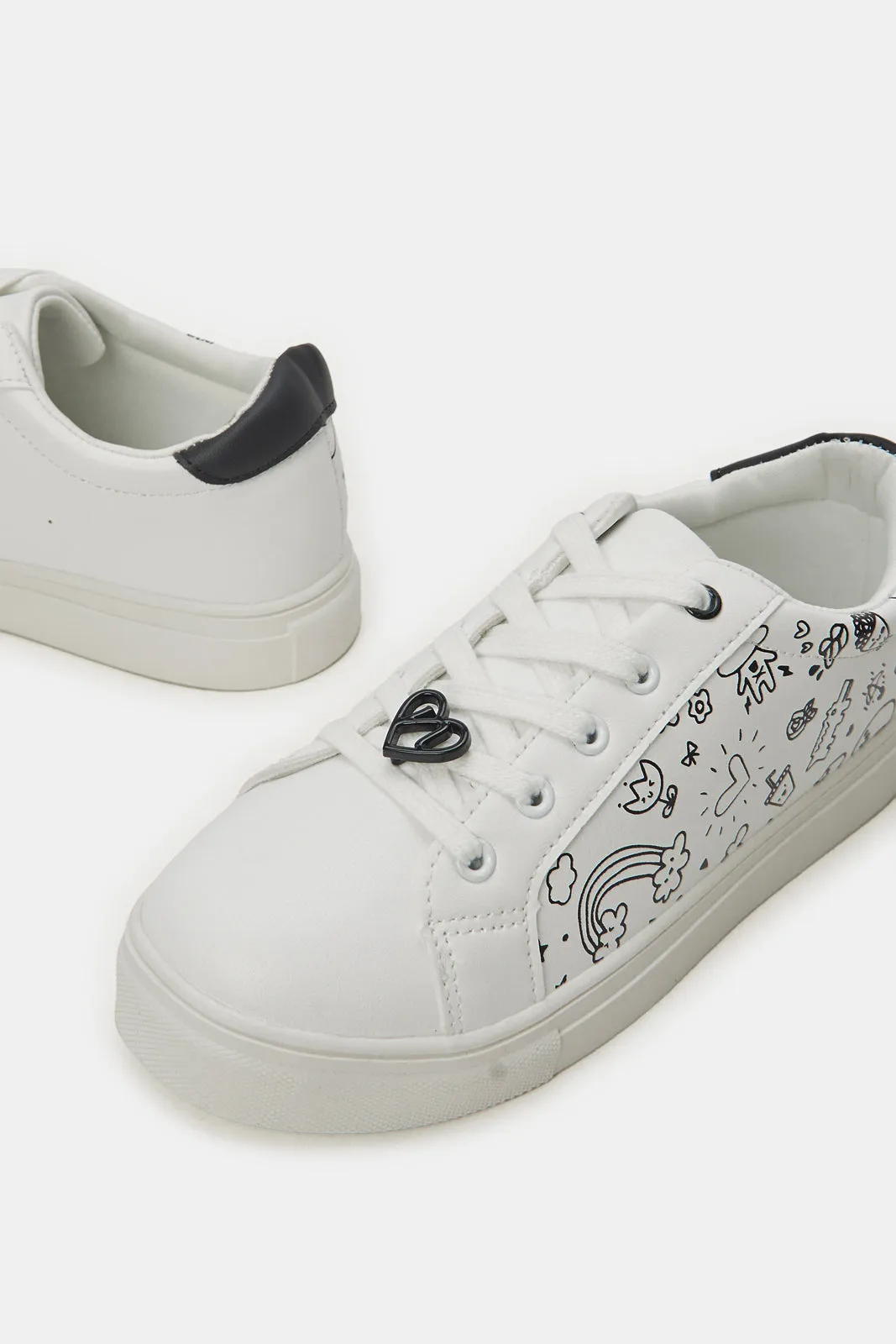 Senior Girls White Printed Sneakers