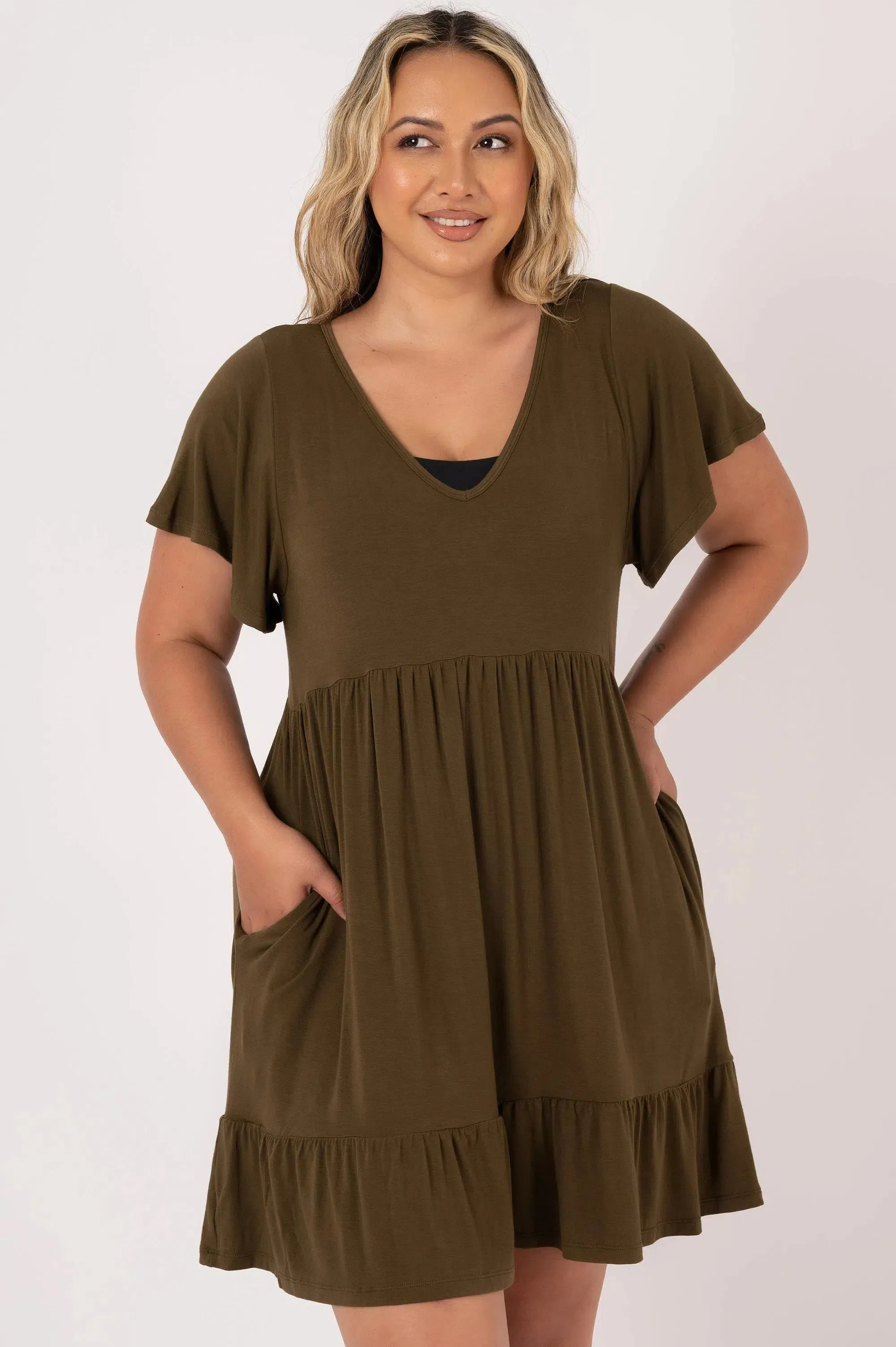 Slinky To Touch Baby Doll V Neck Tiered Mini Dress - Dark Khaki