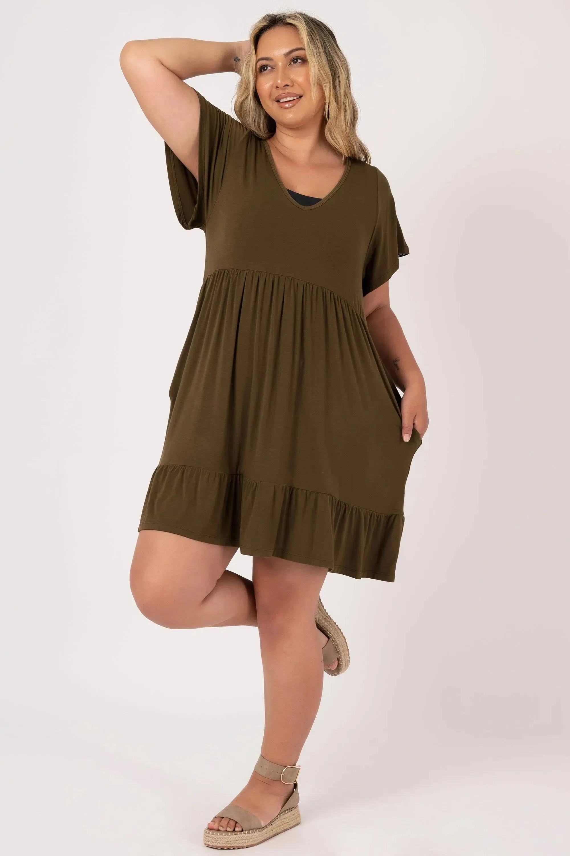 Slinky To Touch Baby Doll V Neck Tiered Mini Dress - Dark Khaki