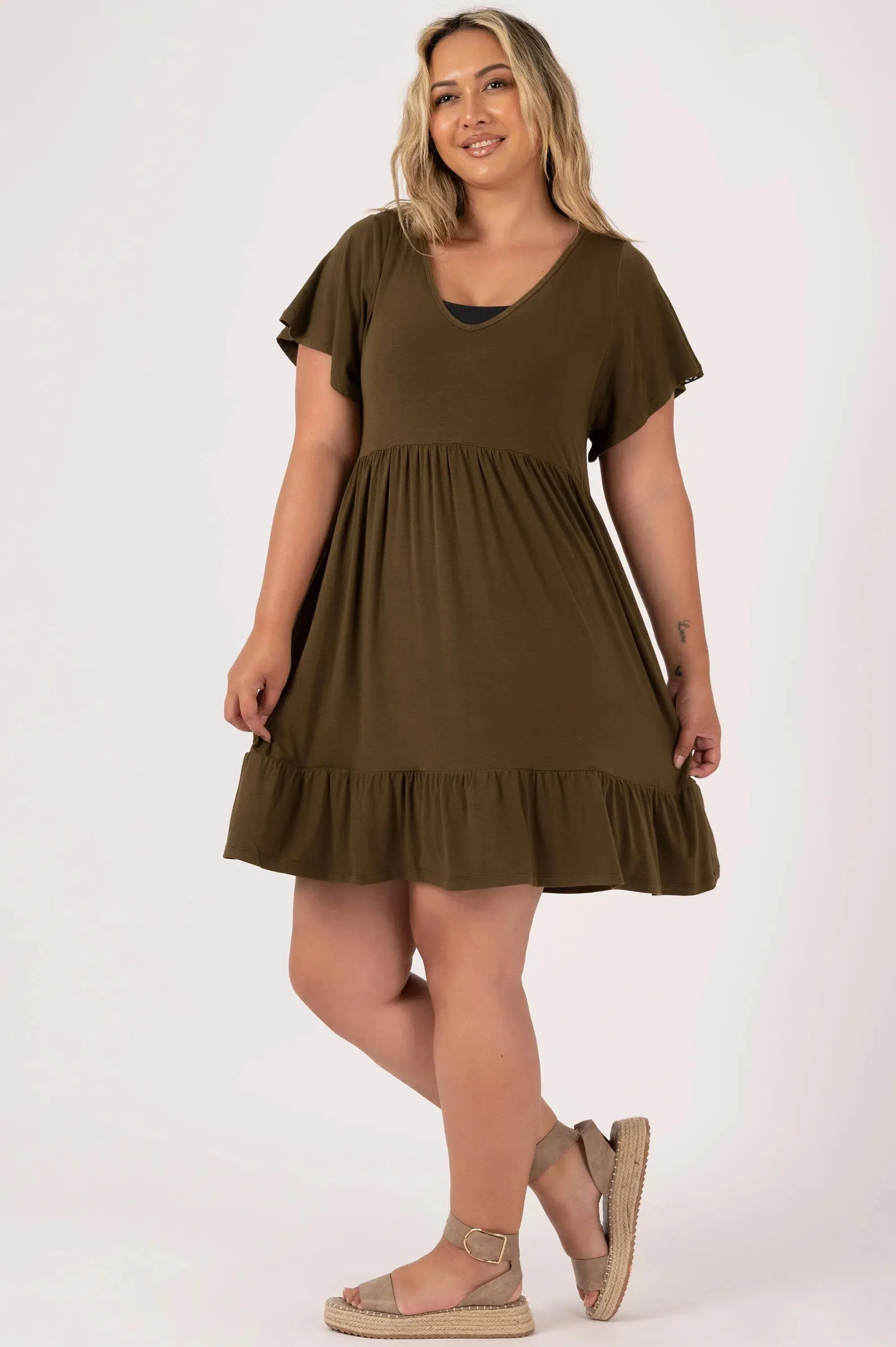 Slinky To Touch Baby Doll V Neck Tiered Mini Dress - Dark Khaki