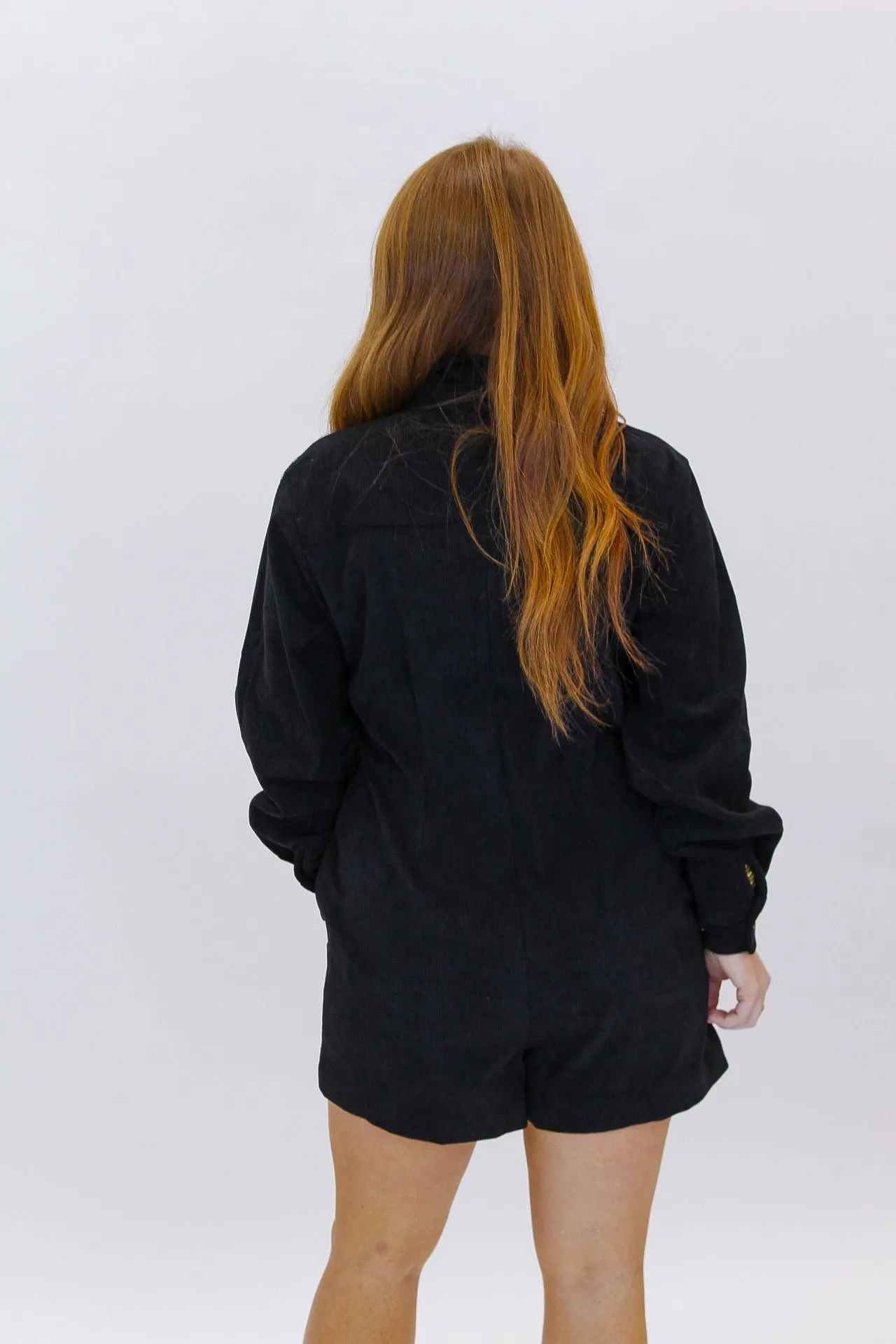 Take Forever Corduroy Button Romper- Black