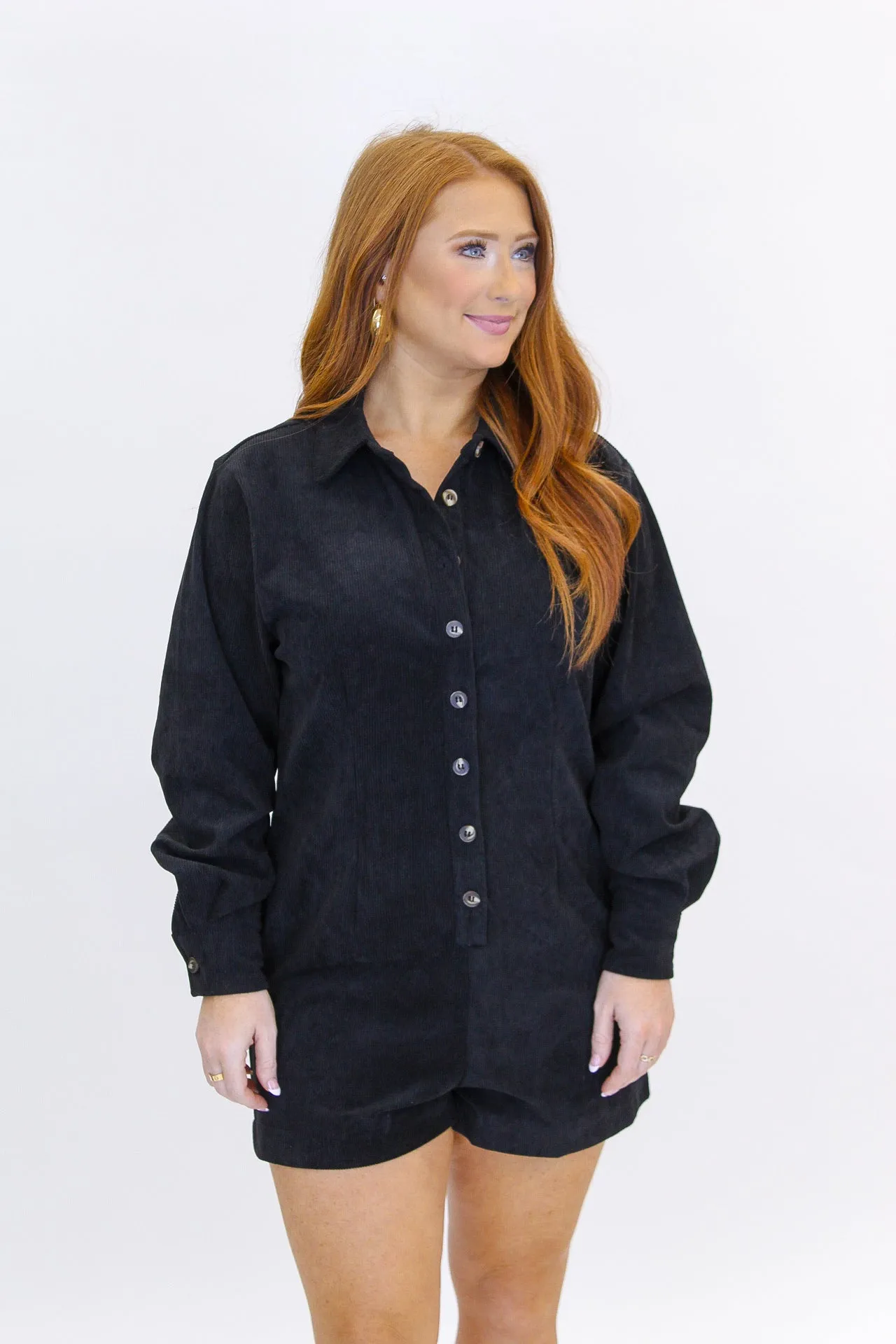 Take Forever Corduroy Button Romper- Black