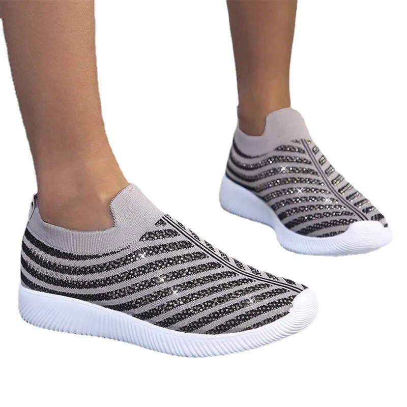 Women Loafers Crystal Bright Sneakers Sock Shoes Anti-slip Mesh Breathable Running Shoes Outdoor Hiking